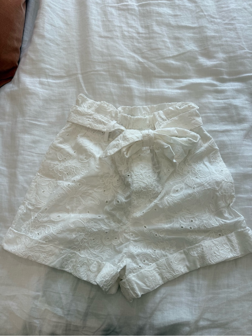 Zara White Eyelet High-Waist Tie Shorts